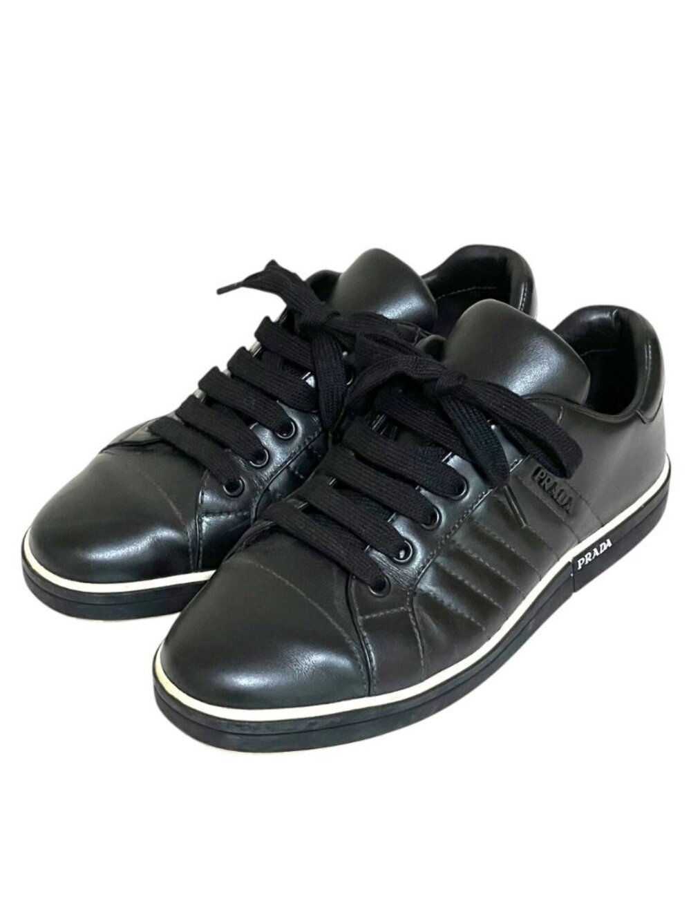 Prada Side Logo Leather Low Cut Sneakers 37 Equivalent Black